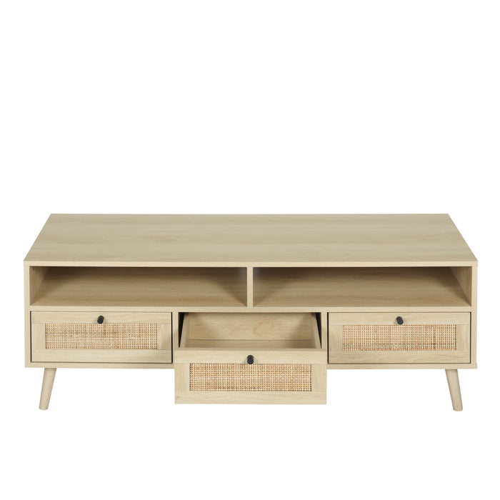 Rattan TV Stand with Solid Wood Feet - Natural