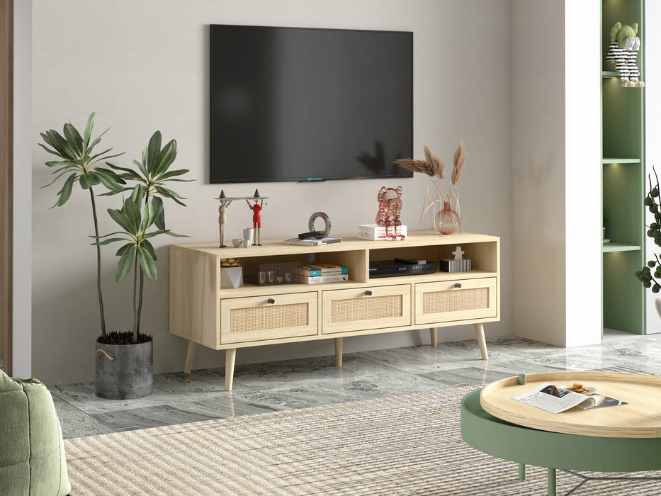 Rattan TV Stand with Solid Wood Feet - Natural