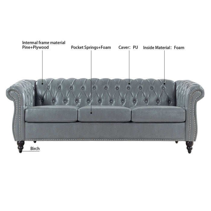 Rolled Arm Chesterfield 3 Seater Sofa - Gray