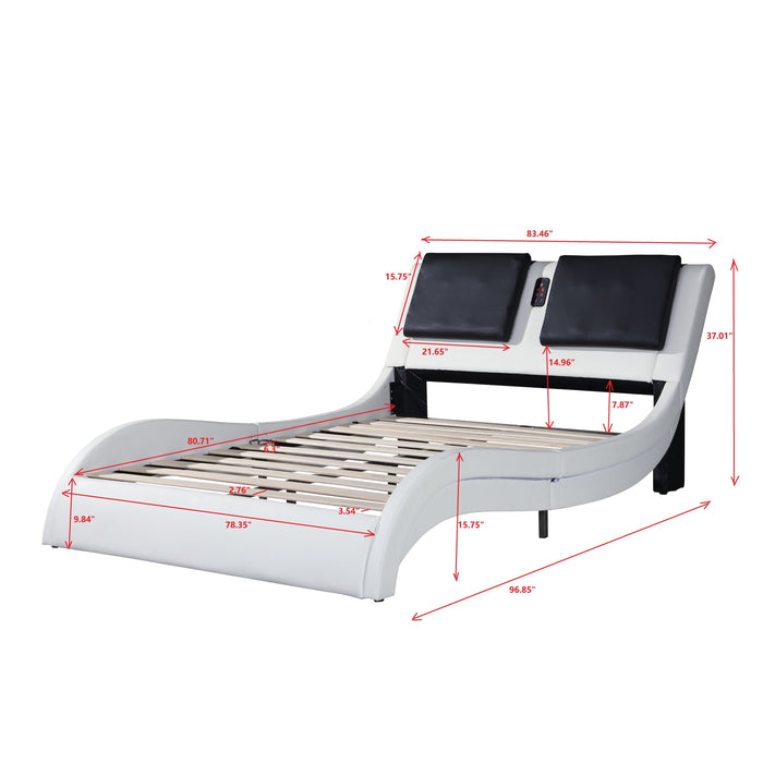 King Size Faux Leather Upholstered Platform Bed Frame with led lighting and Bluetooth connection  - White and Black