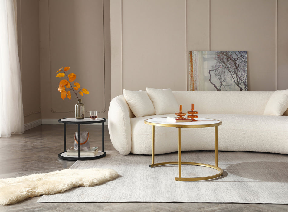 Modern Coffee Table with Marble Pattern MDF Top and Metal Frame - White