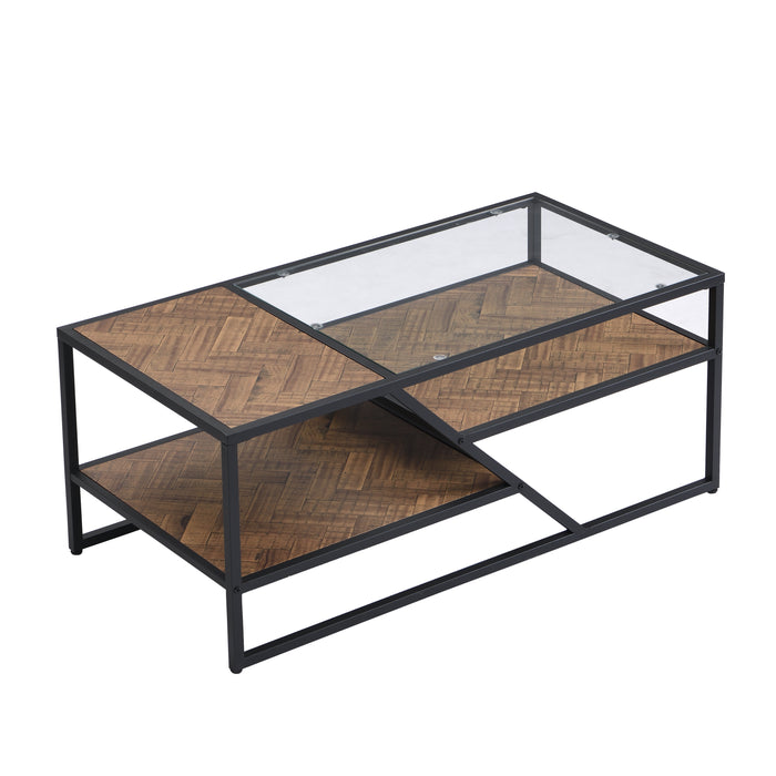 Black Coffee Table with Storage Shelf - Tempered Glass