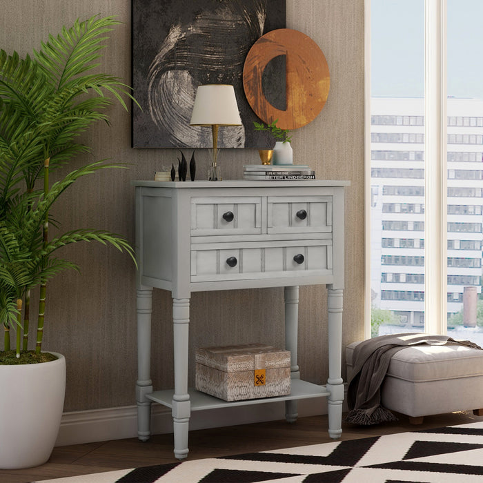 Narrow Console Table with Three Storage Drawers and Bottom Shelf - Gray Wash