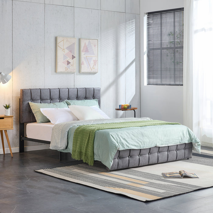 Queen Size Modern Upholstered Platform Bed with Adjustable Headboard, and Heavy Duty Bed Frame - Grey