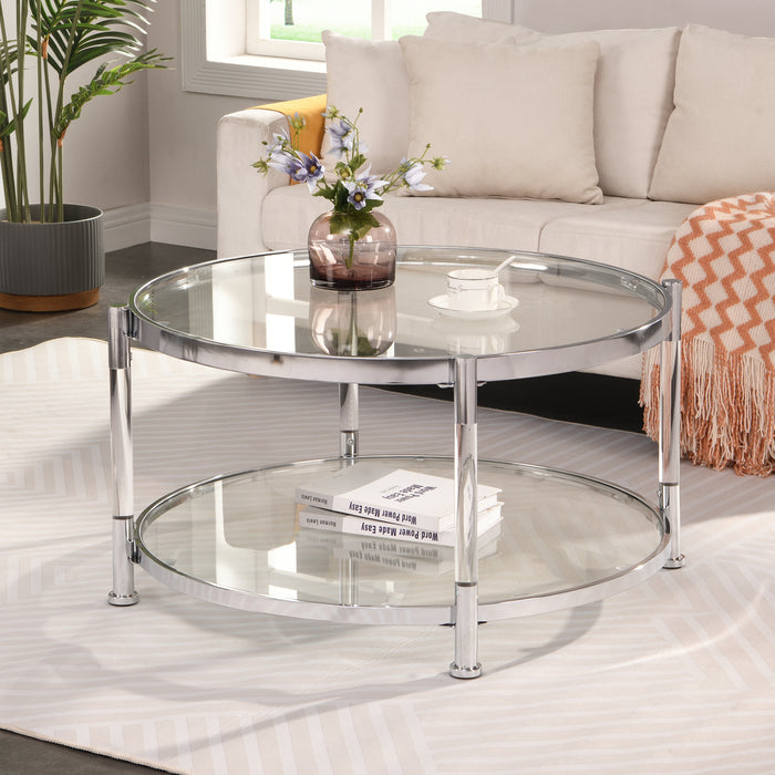 Contemporary Acrylic Coffee Table, Round Tempered Glass - Chrome/Silver