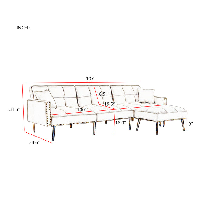 Velvet Upholstered Reversible Sectional Sofa Bed , L-Shaped Couch with Movable Ottoman - cream white