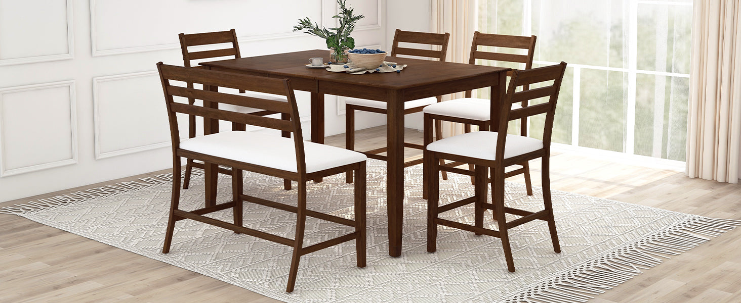 6-Piece Farmhouse Extendable Counter Height Dining Table Set - Brown Walnut + Beige