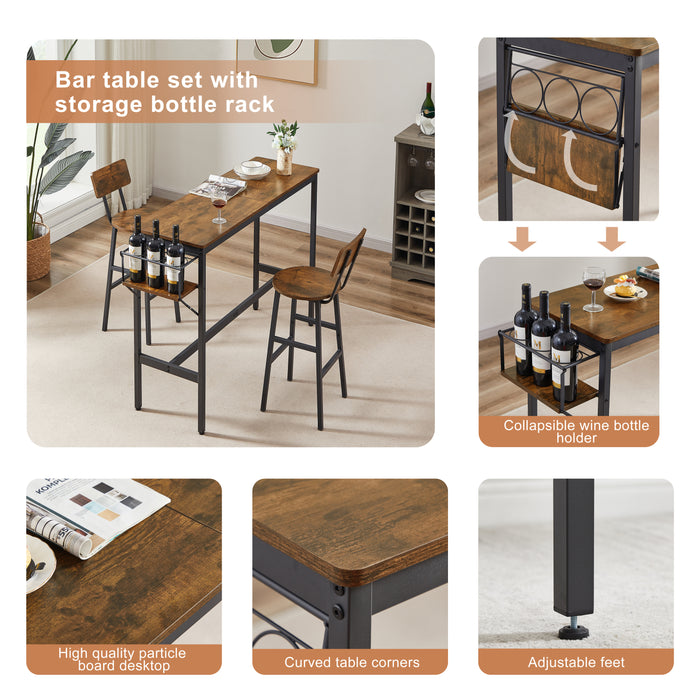 3-Piece Bar Table Set with wine bottle storage rack - Rustic Brown