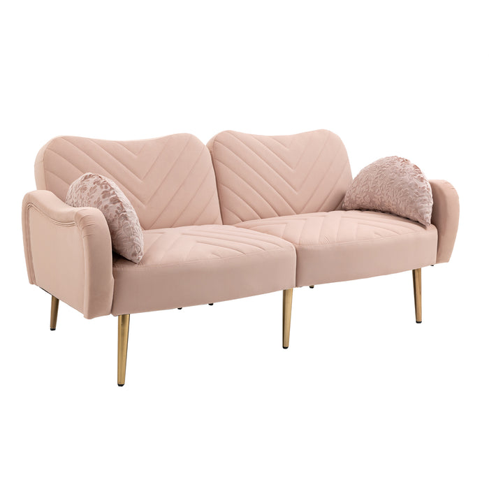 Mid Century Modern Velvet Love Seats Sofa with 2 Bolster Pillows - Pink