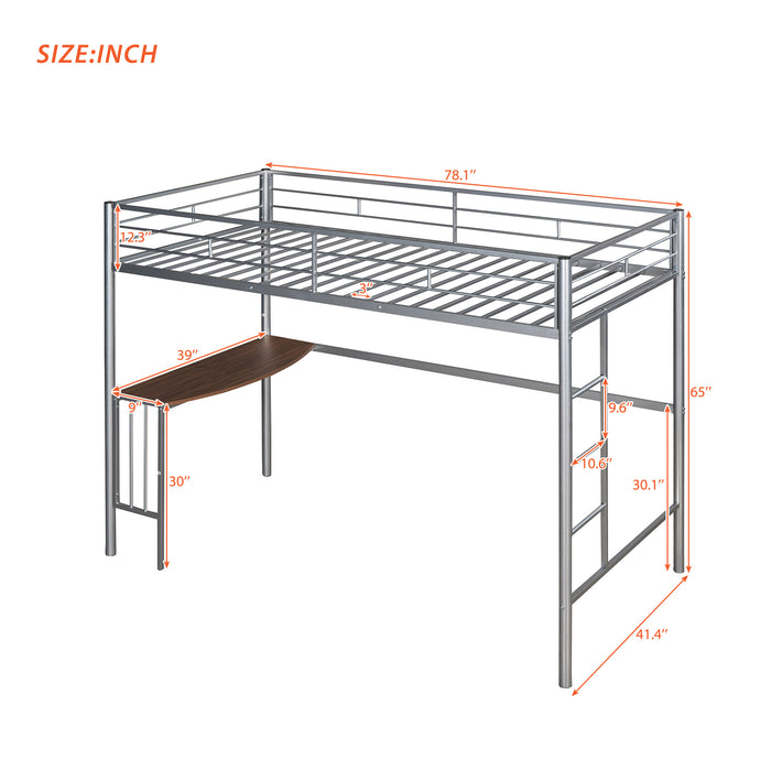 Twin Metal Loft Bunk Bed with Desk, Ladder and Guardrails - Silver