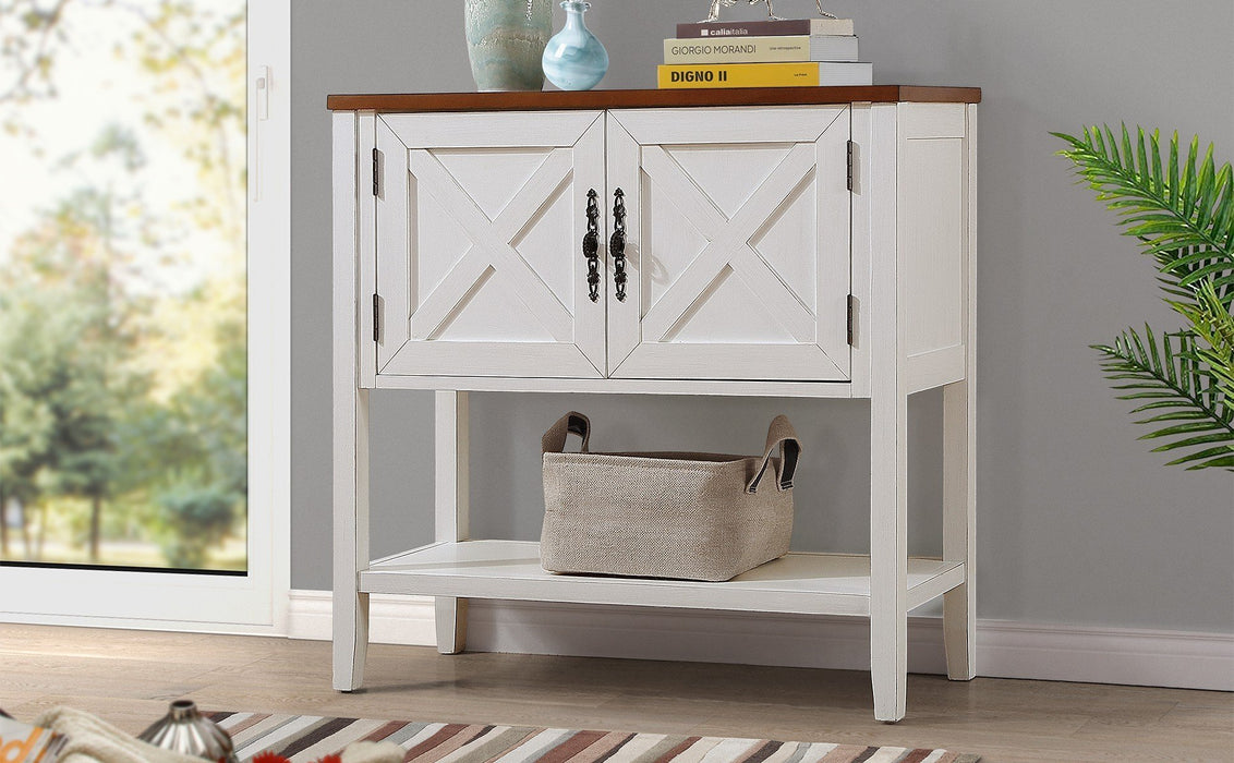 Farmhouse Wood Buffet Console Table- Antique White + Walnut Top