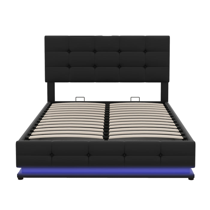 Full Size Tufted Upholstered Platform Bed with Hydraulic Storage and LED Lights and USB charger - Black