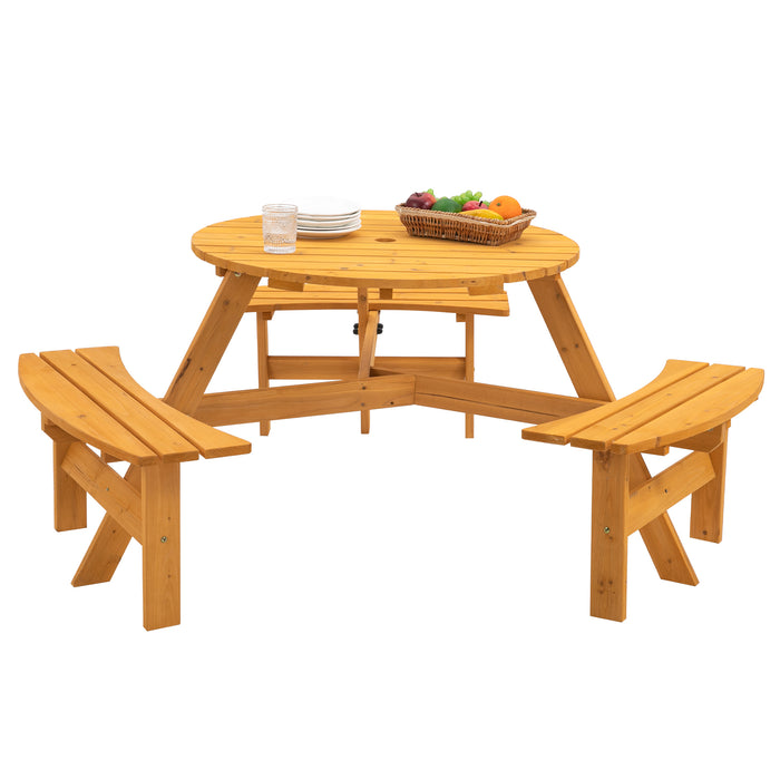 6-Person Circular Outdoor Wooden Picnic Table  - Natural