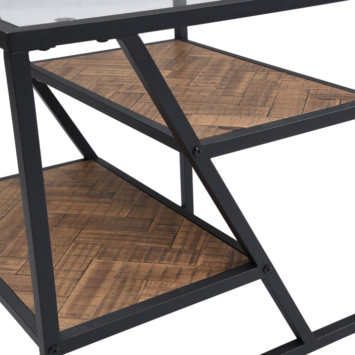 Black Side End Table with Storage Shelf, Tempered Glass