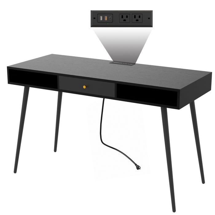 Mid Century Desk with USB Ports and Power Outlet - Black