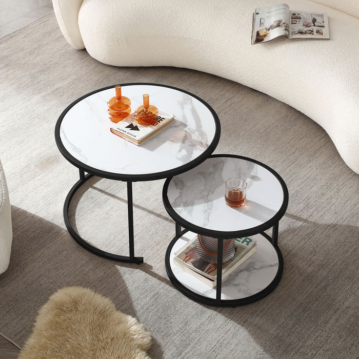 Modern Coffee Table with Marble Pattern MDF Top and Metal Frame - White