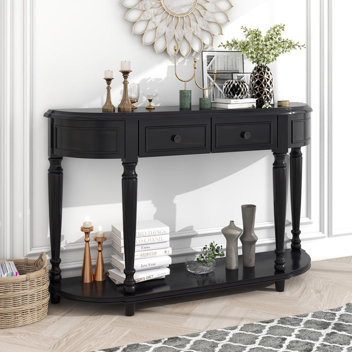 Retro Circular Curved Design Console Table with Open Style Shelf - Black