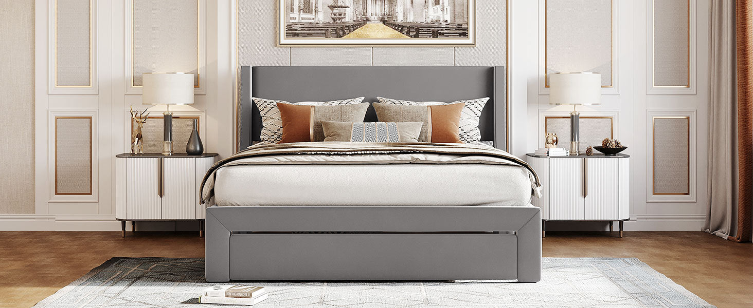 Queen Size Storage Bed Velvet Upholstered Platform Bed with a Big Drawer - Gray