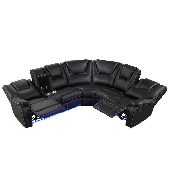 Modern Faux Leather Manual Reclining with Center Console & LED Light - Black