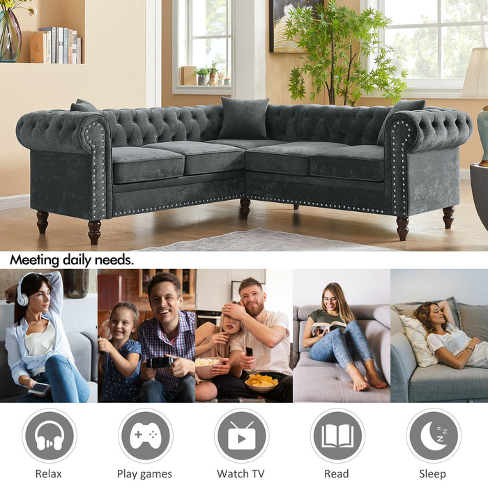 Luxury Classic Chesterfield L-shaped Sectional, Grey velvet