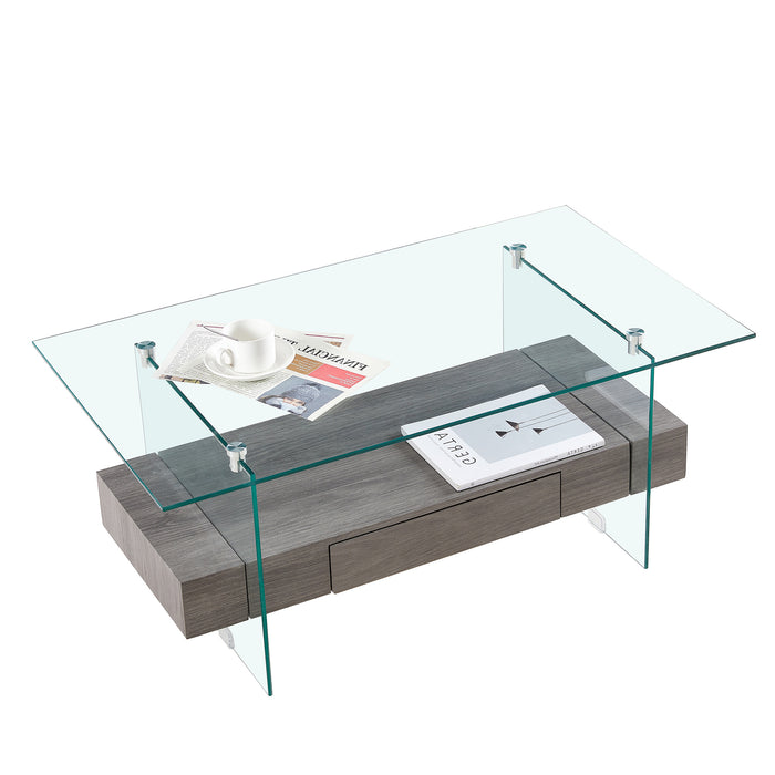 Tempered Glass Coffee table with Dual Shelves and Drawer - transparent/gray