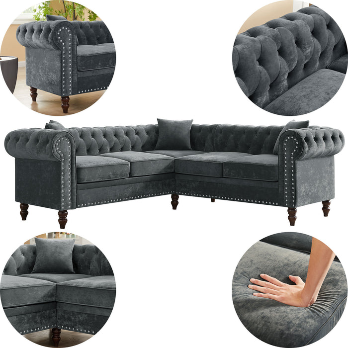 Luxury Classic Chesterfield L-shaped Sectional, Grey velvet