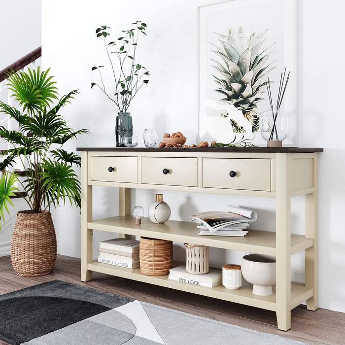 Retro Design Console Table with Two Open Shelves - Espresso + Beige