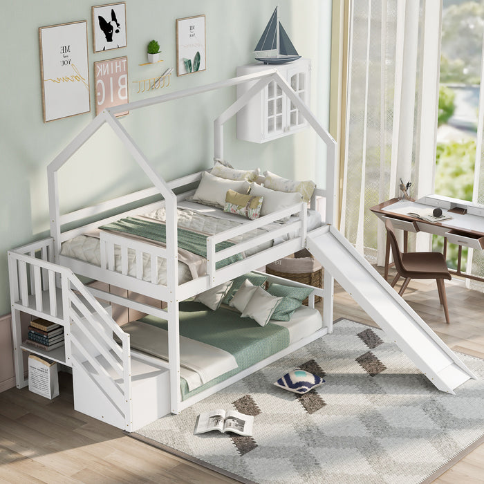 Twin over Twin House Bunk Bed with Convertible Slide, Storage Staircase -White