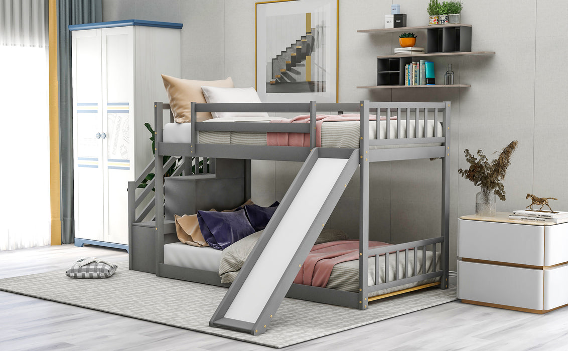 Twin over Twin Bunk Bed with Convertible Slide and Stairway - Gray