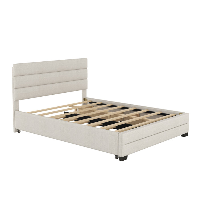 Queen Upholstered Platform Bed with Twin Size Trundle and Two Drawers, Beige