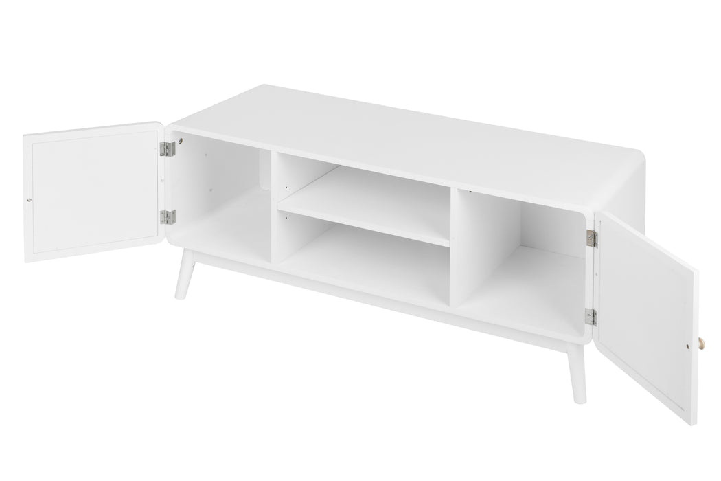 White TV Console with Rattan Door