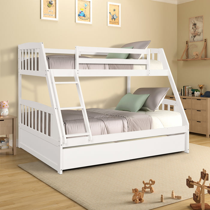 Solid Wood Twin Over Full Bunk Bed with Two Storage Drawers - White