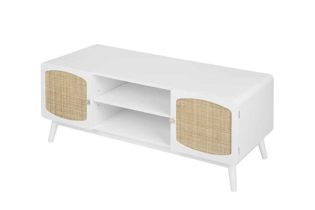 White TV Console with Rattan Door