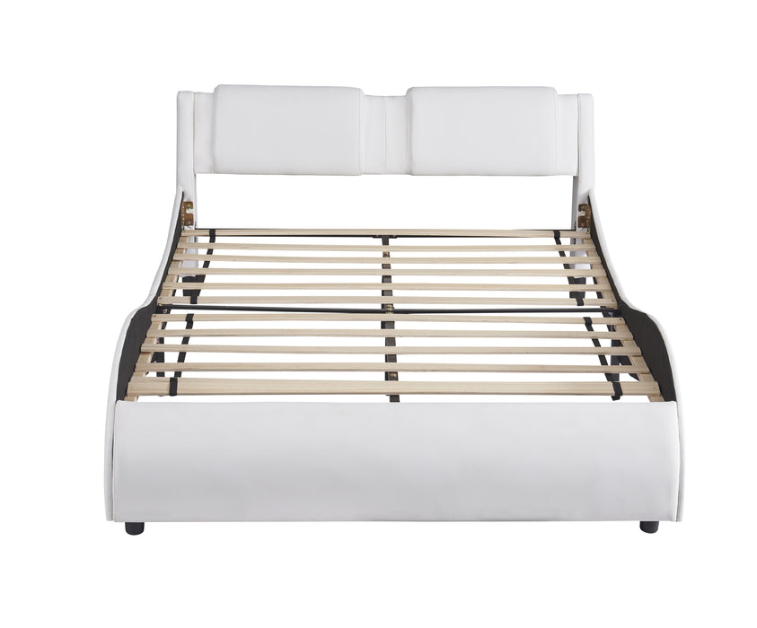 Full Size Upholstered Faux Leather Platform Bed with LED Light Bed Frame - White