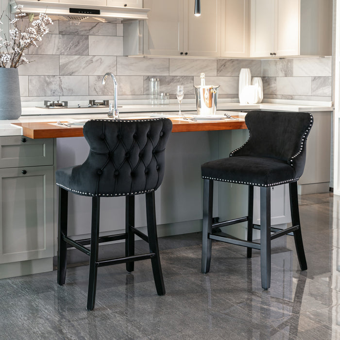 Contemporary Velvet Upholstered Wing-Back Barstools, Set of 2 (Black)