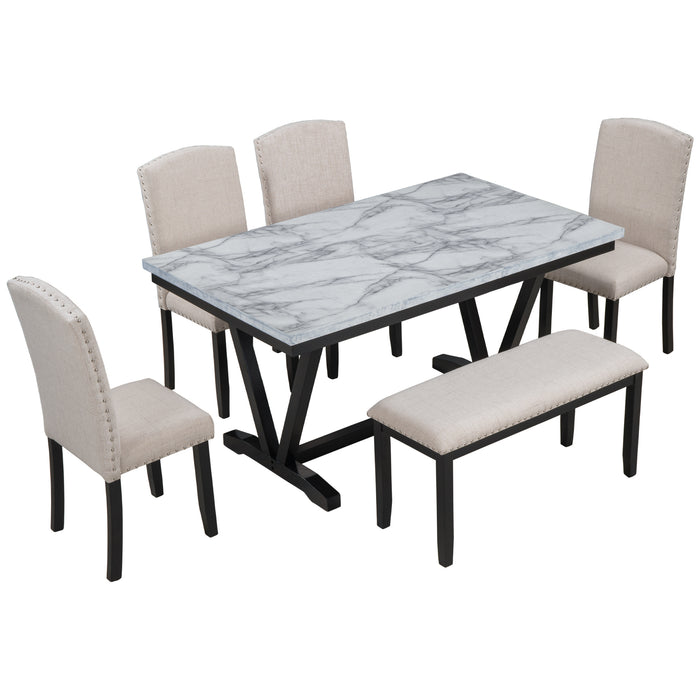 6-piece Modern Style  Dining Table with 4 Chairs & 1 Bench - White