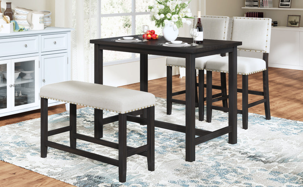 4- Piece Rustic Wooden Counter Height Dining Table Set - Espresso+ Beige