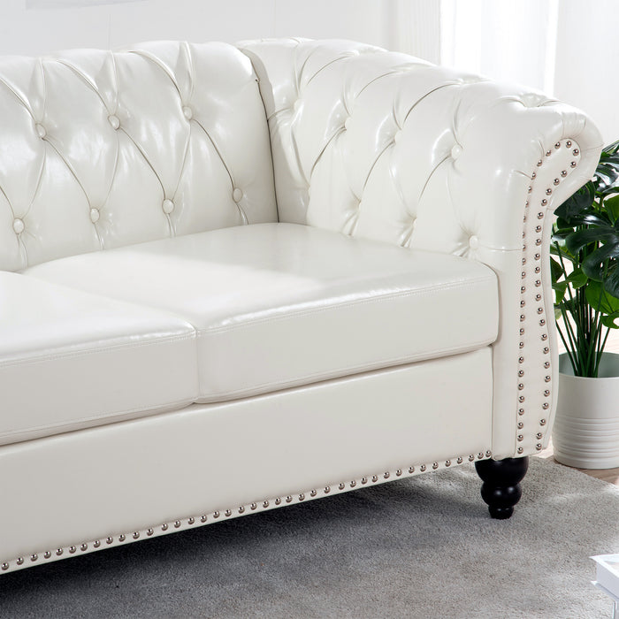 Rolled Arm Chesterfield 3 Seater Sofa - White