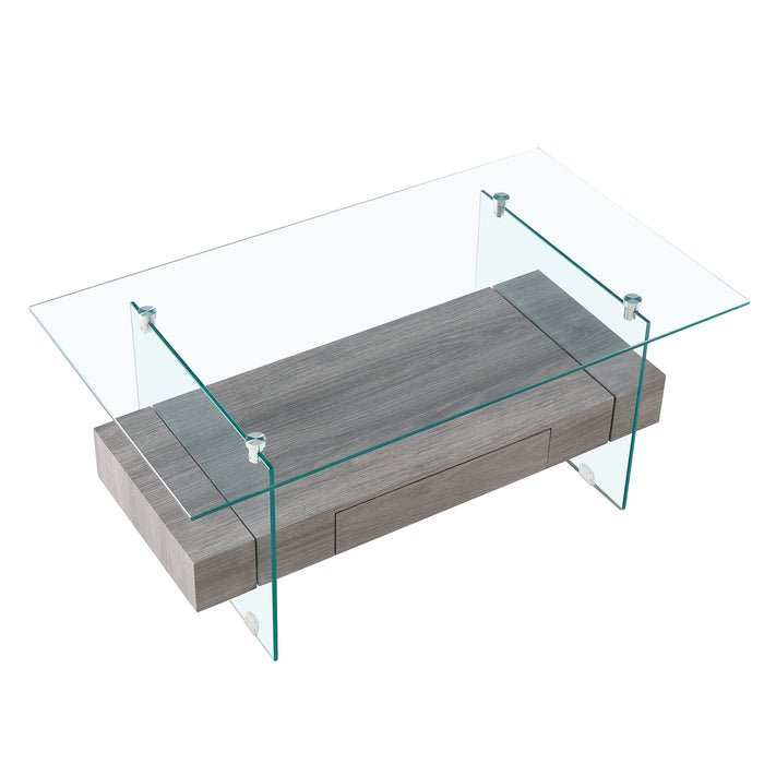 Tempered Glass Coffee table with Dual Shelves and Drawer - transparent/gray