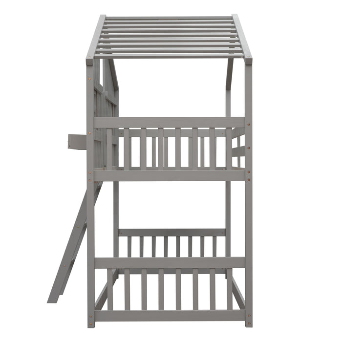 Twin over Twin House Bunk Bed with Roof & Windows - Grey