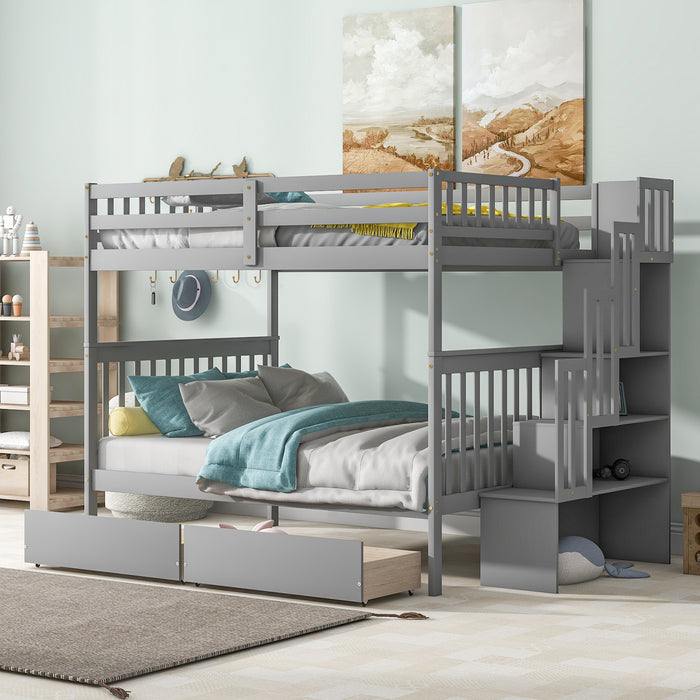 Full Over Full Bunk Bed with 2 Drawers and Staircases - Grey