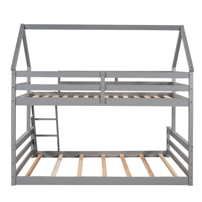 Twin over Full House Bunk Bed with Built-in Ladder - Gray