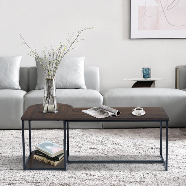 Modern Industrial Style Rectangular Wood Grain Top Coffee Table with Metal Frame - Walnut & Black