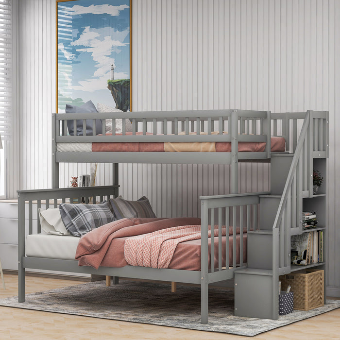 Twin over Full Stairway Bunk Bed with Storage - Gray