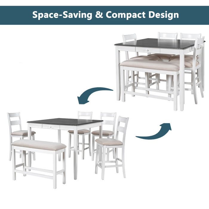 6-Piece Wood Dining Table Set with Storage Drawer - White