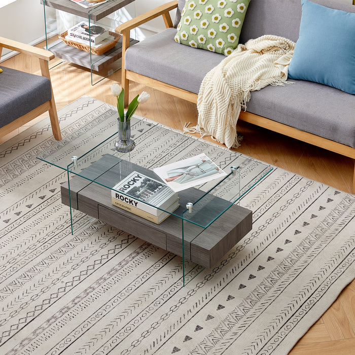 Tempered Glass Coffee table with Dual Shelves and Drawer - transparent/gray