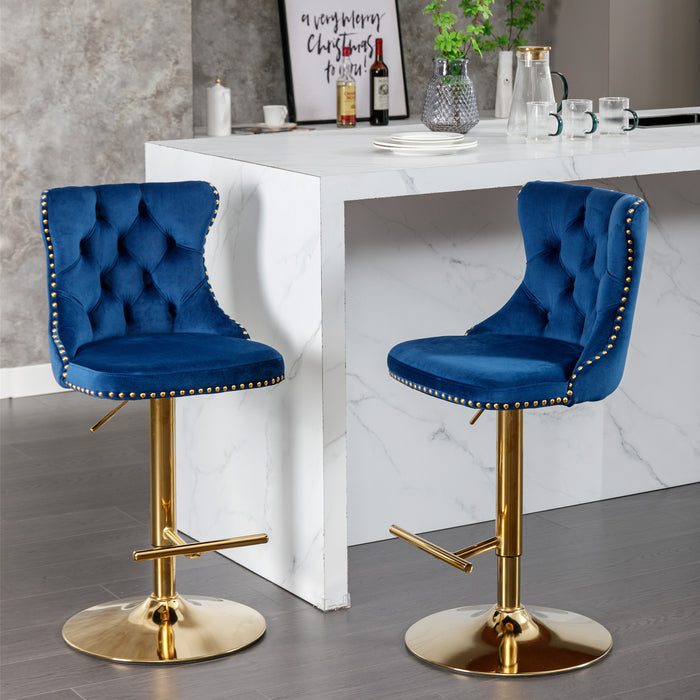 Golden Swivel Velvet Barstool, Blue (Set of 2）