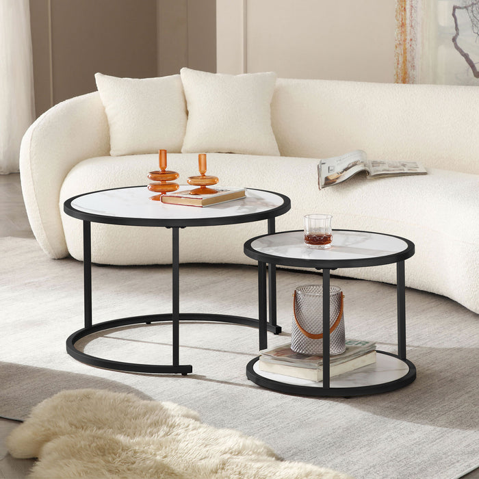 Modern Coffee Table with Marble Pattern MDF Top and Metal Frame - White