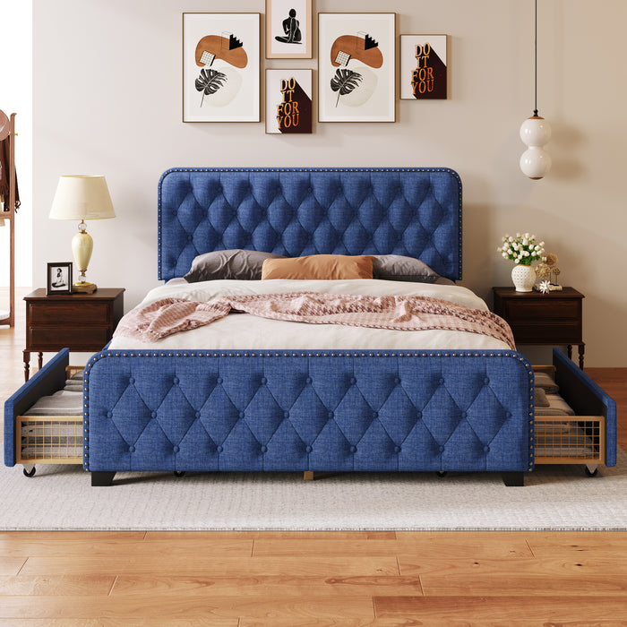 Upholstered Platform Bed Frame with Four Drawers (Blue) Queen