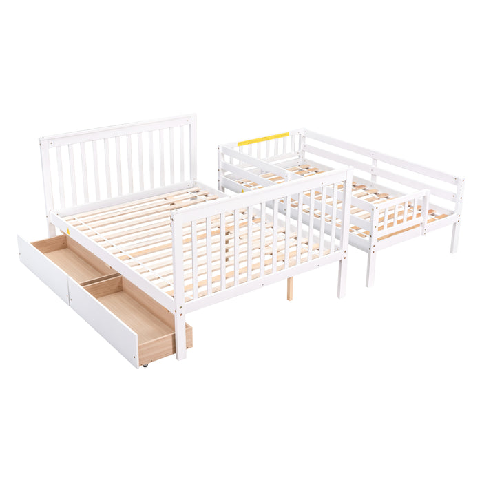 Twin Over Full Bunk Bed with 2 Drawers and Staircases - White